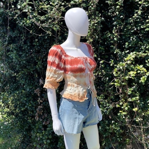 NWT JEN’S Pirate Booty Boho Cotton Gauze Fire Tie Dye Tie Front Blouse - Picture 4 of 13